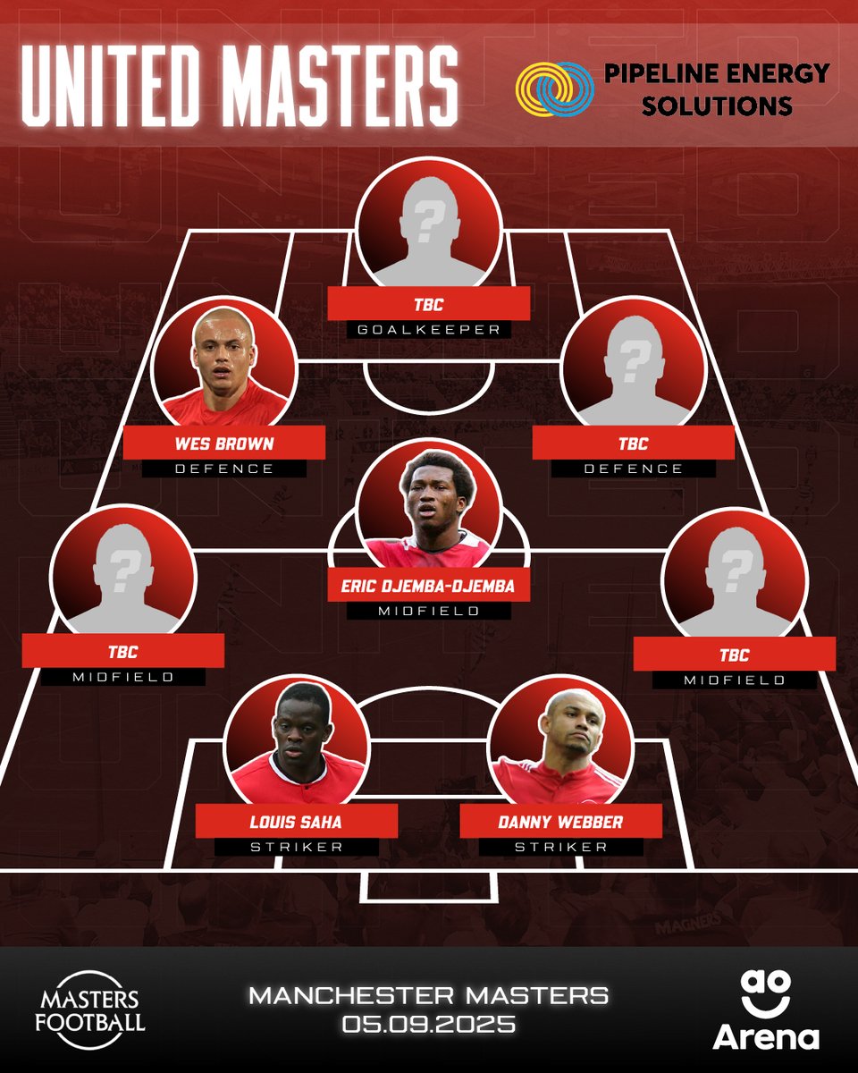 AO Arena (@aoarena) on Twitter photo Your first wave of United Masters sponsored by <a href="/PipelineEnergyS/">Pipeline Energy Solutions</a> is here! π Expect to catch <a href="/WesBrown24/">Wes Brown</a> <a href="/louissaha/">Louis Saha</a> Eric Djemba-Djemba & <a href="/DanielWebber81/">Danny Webber π</a> on the pitch this September! β½π€©
More big names to come very soon! π <a href="/mastersfootball/">Masters Football</a>
Buy now: tinyurl.com/pmcptc2r Your first wave of United Masters sponsored by <a href="/PipelineEnergyS/">Pipeline Energy Solutions</a> is here! π Expect to catch <a href="/WesBrown24/">Wes Brown</a> <a href="/louissaha/">Louis Saha</a> Eric Djemba-Djemba & <a href="/DanielWebber81/">Danny Webber π</a> on the pitch this September! β½π€©
More big names to come very soon! π <a href="/mastersfootball/">Masters Football</a>
Buy now: tinyurl.com/pmcptc2r
