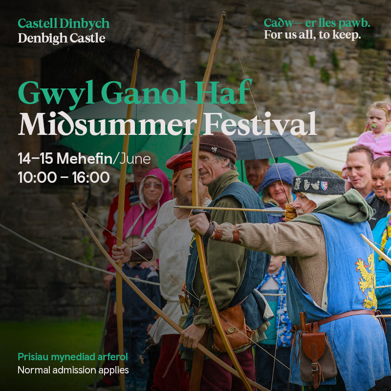 To celebrate Denbigh’s Midsummer Festival, we invite you to Denbigh Castle to take part in our Medieval Re-enactment Day. 

The Princes Retinue will talk you through dressing a knight in preparation for a combat scene which will commence at the end of the day.