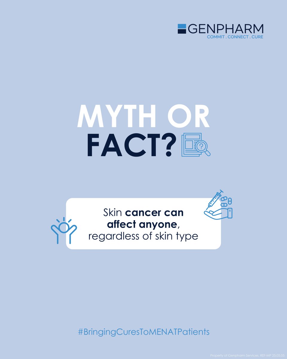 genpharmmena's tweet image. Myth: Only light-skinned people get skin cancer.
Fact: Skin cancer can affect anyone, regardless of skin type.
#MythOrFact #SkinCancerAwareness #Genpharm #FactDayTuesday