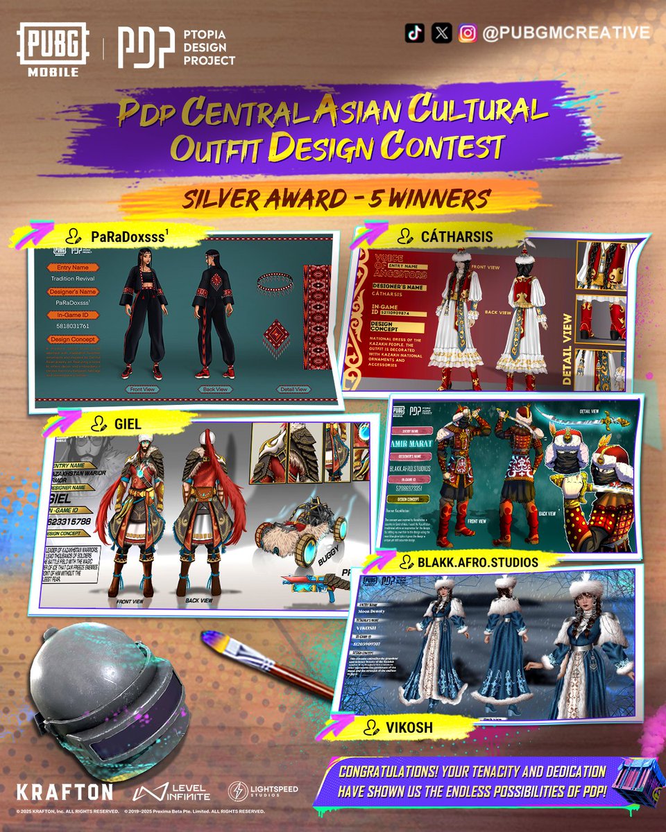 PUBGMCreative's tweet photo. 🏅 The Central Asian Cultural Design Contest has come to a dazzling close!

Join us in applauding the exceptional Gold, Silver, and Bronze winners whose creations captured our hearts. 🌟🌟🌟

#PUBGMOBILE
#PUBGMPDP
#PUBGMPDP370
#PUBGMPDPSILK370 https://t.co/Grw3uCuYWf