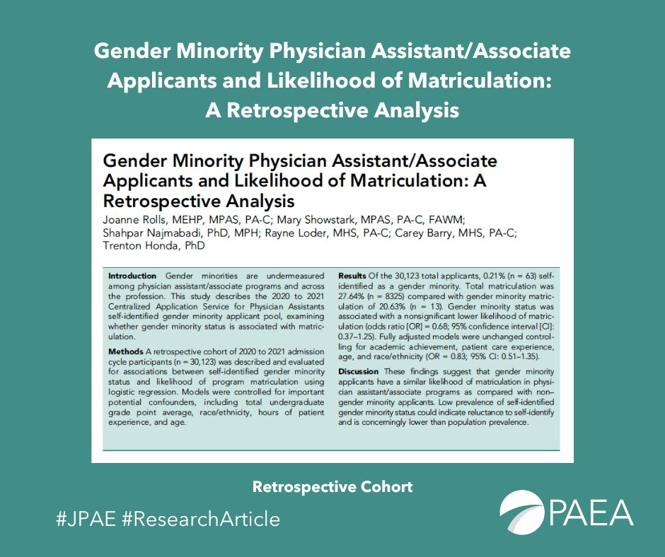 In this #JPAE article, the authors conduct a retrospective cohort analysis evaluating the impact of gender minority identity on PA program matriculation. #PAAdmissions #PAEducation #GenderMinority 

ow.ly/tU8W50W87QN