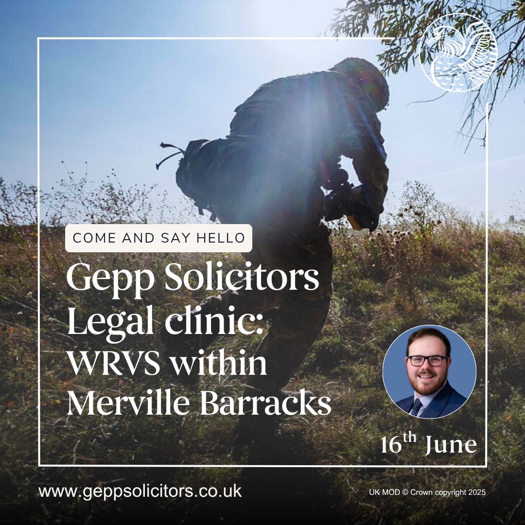 Our next free 30-minute legal consultation for military personnel, spouses, and veterans is coming up! Join us on Monday, 16th June, at WRVS within Merville Barracks, from 13:00 to 17:00. 
geppsolicitors.co.uk/military-legal… #EssexSolicitors #EssexMilitary #DefenceCard #Chelmsford
