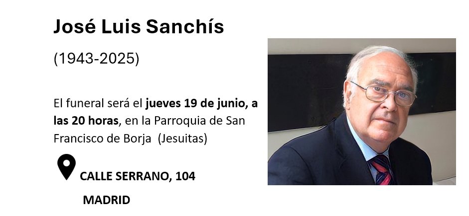 Para todos aquellos que queráis acompañar a la familia en el funeral de José  Luis Sanchís, nos reuniremos el jueves 19 de junio, a las 20 horas en la Parroquia San Francisco de Borja (Los Jesuitas) en la calle Serrano 104, Madrid.