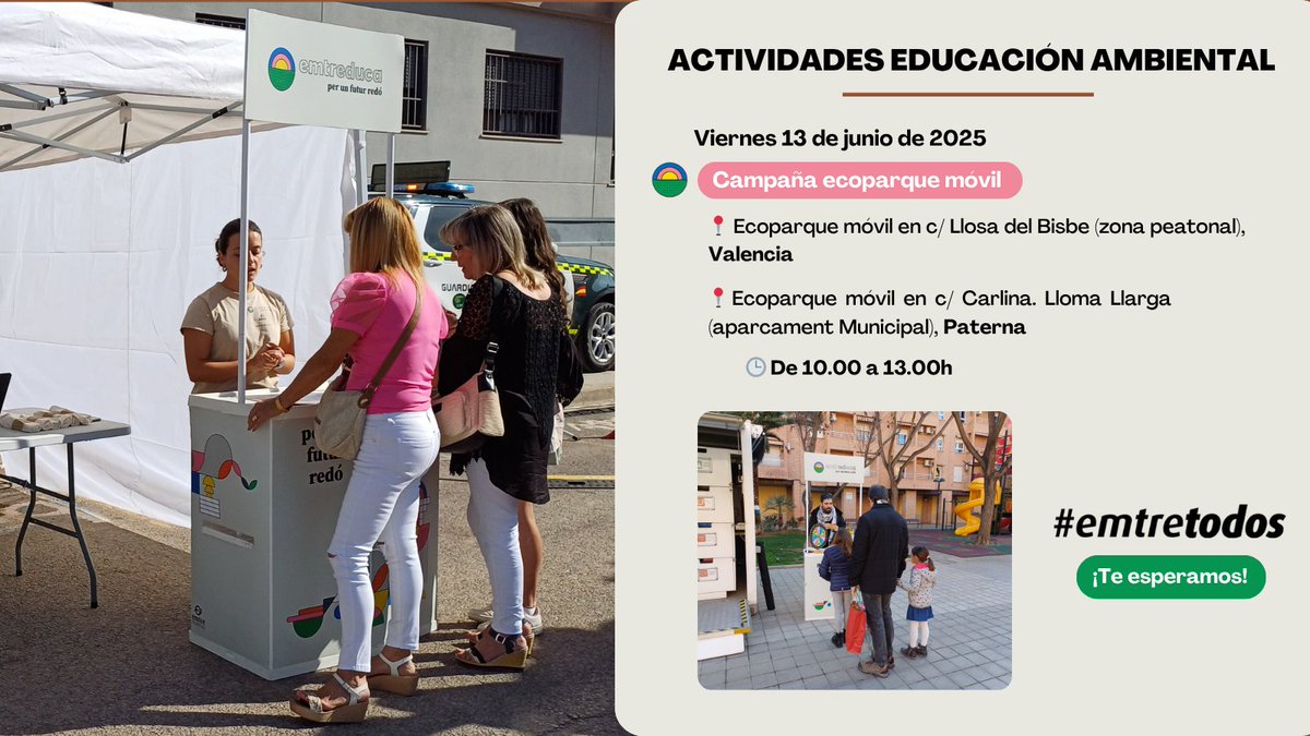 ¡Mañana volvemos a València y Paterna con nuestra campaña de ecoparque móvil! 🚛♻️

¿Sabes todo lo que puedes llevar a un ecoparque móvil? Ven a descubrirlo y aprende cómo funciona este servicio que hace el reciclaje mucho más fácil 🌍

¡No te lo pierdas! #emtretodos 🙌