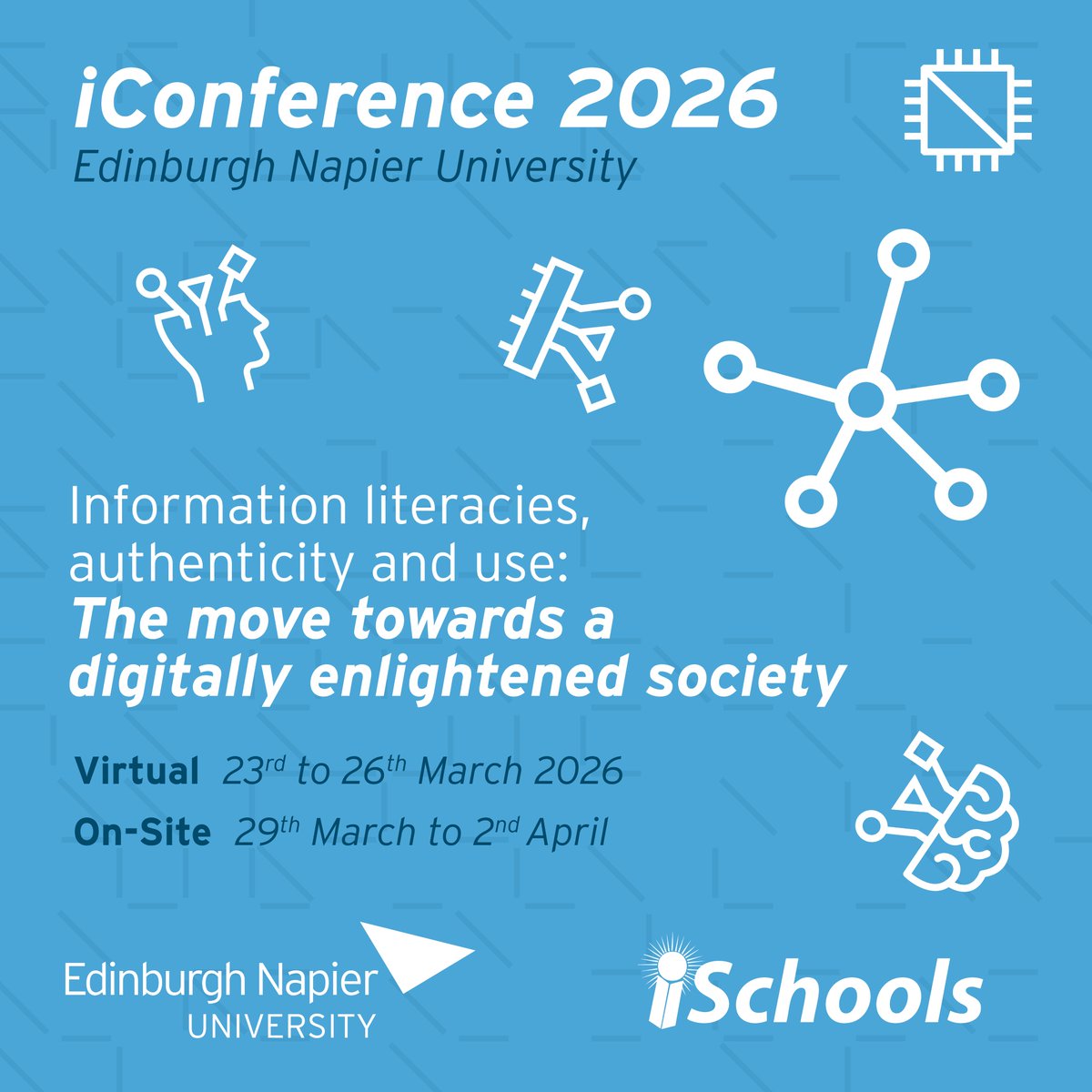 iSchools (@ischools) on Twitter photo iConference 2026 Call for Papers!😍
The #iconf26 theme will be "Information Literacies, Authenticity and Use”
🗓virtual program 23-26 Mar 2026, onsite program 29 Mar-02 Apr 2026.
📍hosted by Edinburgh Napier University (UK) <a href="/EdNapierSCEBE/">ENU Computing, Engineering & Built Environment</a>
All info here: ischools.org/iconference iConference 2026 Call for Papers!😍
The #iconf26 theme will be "Information Literacies, Authenticity and Use”
🗓virtual program 23-26 Mar 2026, onsite program 29 Mar-02 Apr 2026.
📍hosted by Edinburgh Napier University (UK) <a href="/EdNapierSCEBE/">ENU Computing, Engineering & Built Environment</a>
All info here: ischools.org/iconference