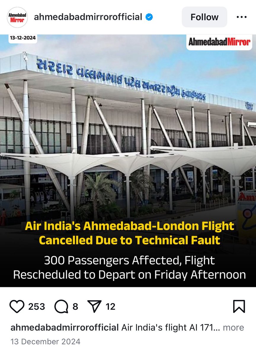 Aalok_Pradhan's tweet image. SHOCKING!

The same #AirIndia flight AI171 that crashed today in #Ahmedabad had reportedly faced a similar technical glitch just six months ago.

Back then, fate showed mercy. Today, it didn’t. 242 lives on board.

Serious questions must be asked.

#AhmedabadPlaneCrash