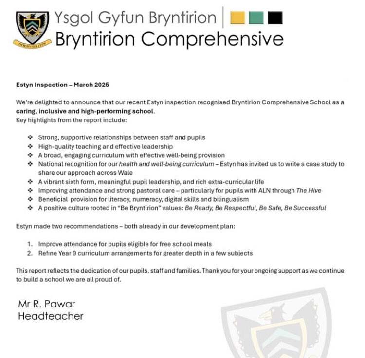 We are delighted to celebrate our recent Estyn Inspection at Bryntirion Comprehensive School. Please see some of the key highlights from the report. It reflects the dedication of our pupils, staff and families. Congratulations!