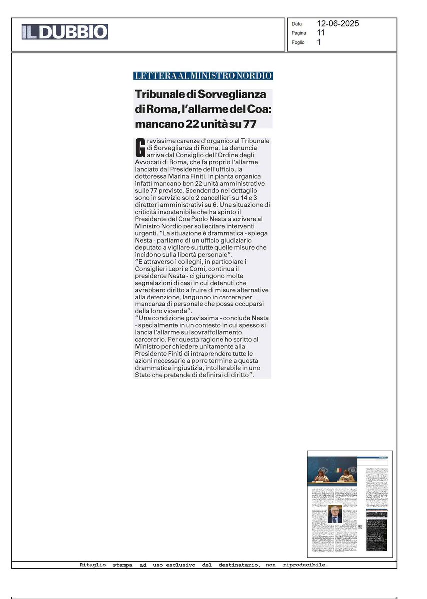 La nostra lettera al Ministro Nordio sull'emergenza del Tribunale di Sorveglianza di Roma. Il Presidente Nesta: "Situazione drammatica"