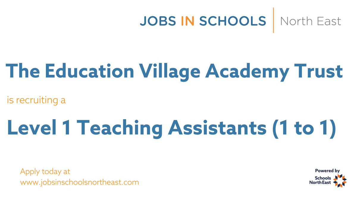 The Education Village Academy Trust is recruiting Level 1 Teaching Assistants (1 to 1).

Find out more: ow.ly/Rvez50W7zaM