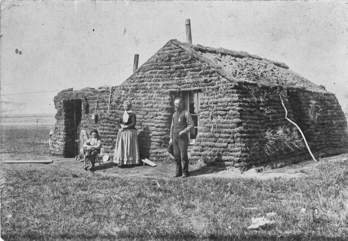 TracesofTexas's tweet photo. A family outside their sod house somewhere in the Texas Panhandle, 1898.  These sod houses are testament to human ingenuity. Coming to a place that had zero trees for constructing housing, these structures were built with sod cut into the thick buffalo grass that had grown over millennia.  The sod was typically cut into 18-inch blocks. It would normally take 1/4 to 1/2 an acre to build a house.

Counterintuitively, these houses were actually pretty good places to live, being  insulated from elements like heat and cold and wind with their thick walls. They were surprisingly durable, too: Marshall McCully's sod house in Oklahoma lasted 60 years, at which time it was given to the Oklahoma Historical Society. Since that time, the Oklahoma Historical Society has done its best to restore the sod home to its original condition and protect it from the elements.  It can be visited to this very day.
What a dazzling photo!

Courtesy the awesome @spcouta  library via the equally bodacious The Portal to Texas History.