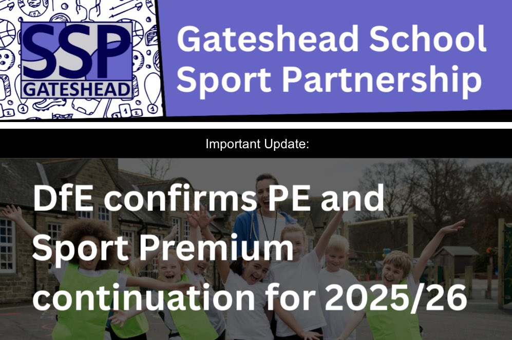 GatesheadSSP's tweet image. ⭐️ 𝐏𝐄 & 𝐒𝐏𝐎𝐑𝐓 𝐏𝐑𝐄𝐌𝐈𝐔𝐌 𝟐𝟓/𝟐𝟔 ⭐️
Following yesterday’s spending review, the DfE have confirmed that the Primary PE & Sport Premium will continue for 25/26! 😁
This is a great outcome for PE & School Sport, and we will continue to lobby for ongoing investments ⭐️