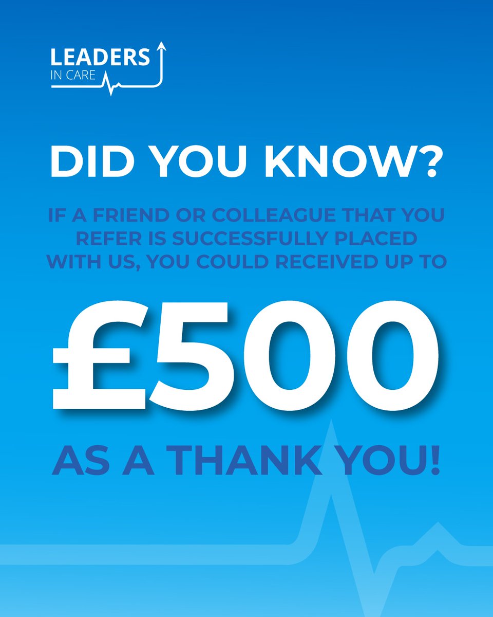 Refer someone you know to Leaders in Care, and if they’re successfully placed, you could receive up to £500 as a thank you! 👏

👉 Get in touch to make a referral - bit.ly/4kHbDsp

#LeadersInCare #HealthcareJobs #CareSectorCareers #ReferralReward