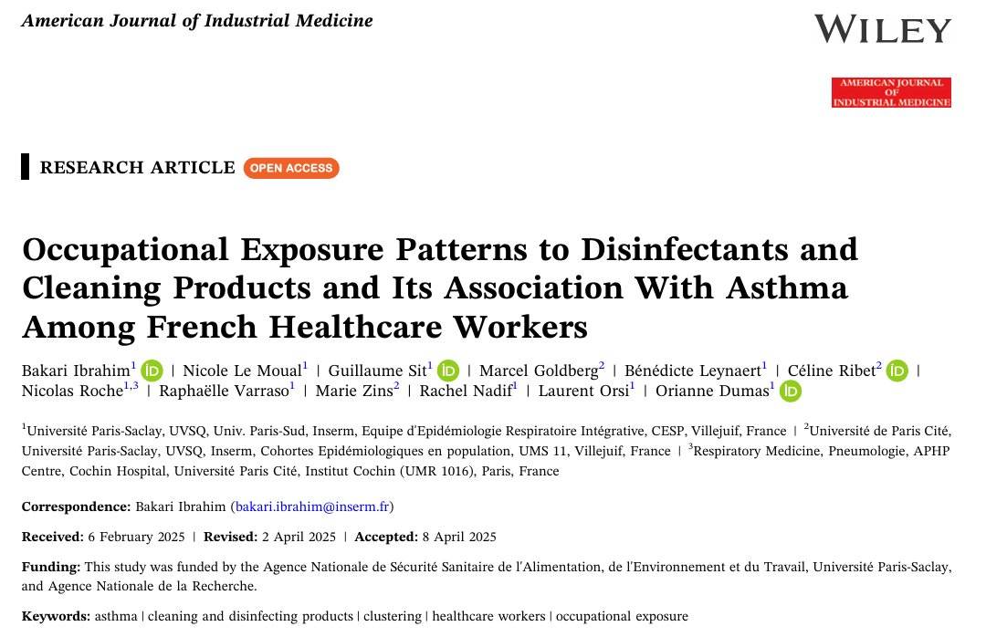 IbrBakari's tweet photo. Heureux de vous partager notre dernière étude publiée dans American Journal of Industrial Medicine
🧪+5000 soignants, 4 profils d’exposition aux PNDs identifiés
😷 DEUX, dont le personnel de labo, associés à plus de symptômes d’#asthme chez les #femmes 

📄https://t.co/OVXy9XkM8O https://t.co/11aebgHC7m