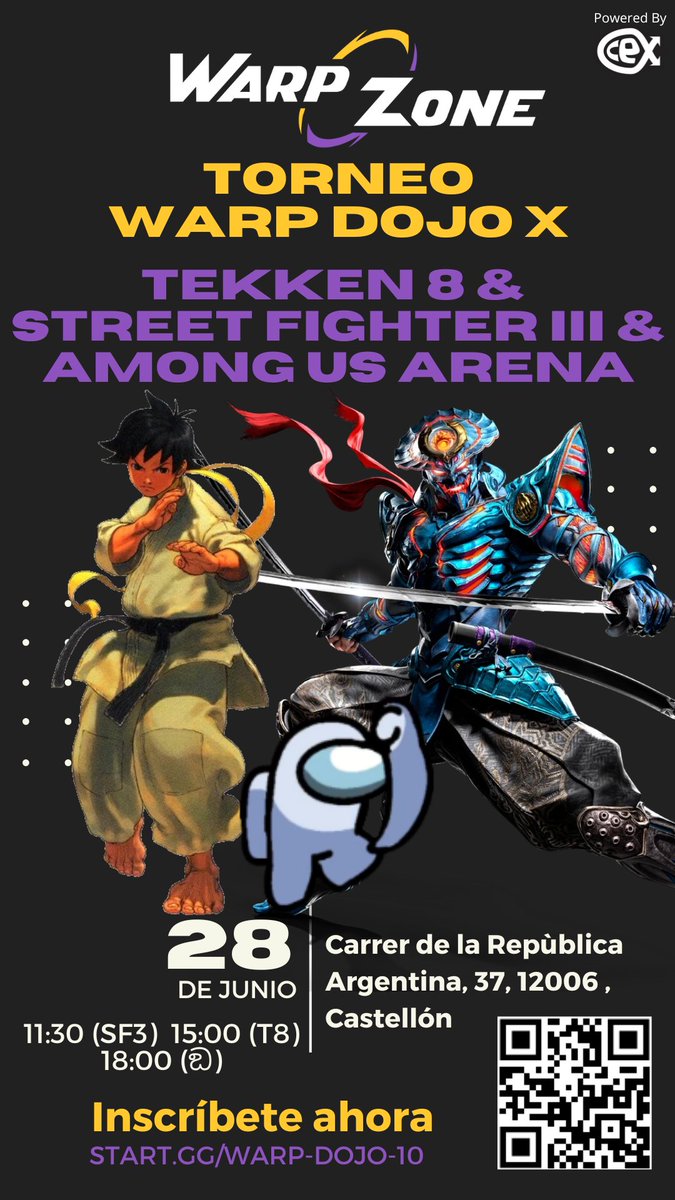 🔥Volvemos a la carga con los Warp Dojos en Warp Zone y en esta décima edición traemos nada más y nada menos que tres (3) torneos. Ven a competir a Tekken 8, Street Fighter III: Third Strike y... ¿¿Among us Arena??

⬇️Inscríbete ya⬇️