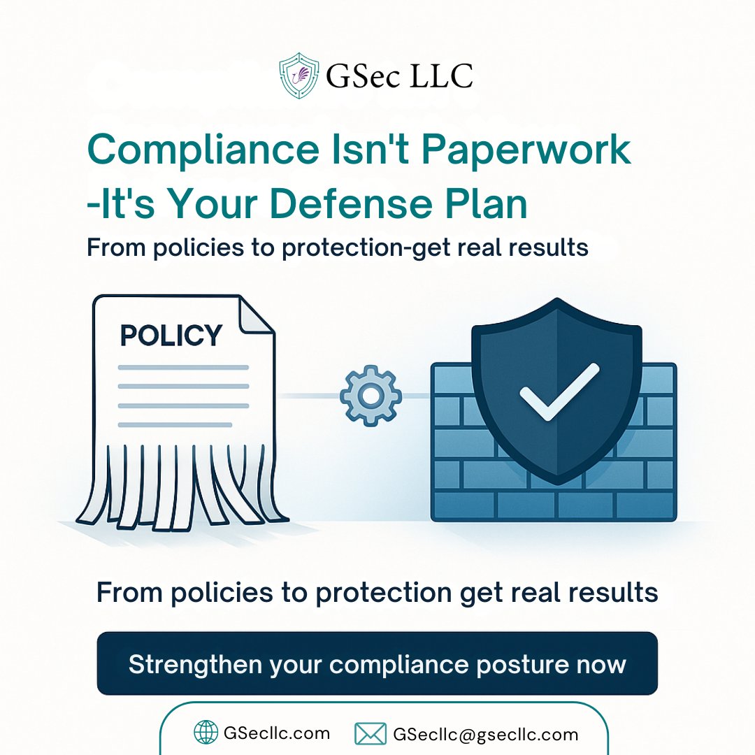 GSecLLC's tweet photo. Still treating compliance like a checkbox?
It’s your frontline defense.
✔️ CMMC
✔️ DFARS
✔️ Audit-ready docs
🔗 https://t.co/vd7dfQc6NH
#RiskManagement #AuditReady #GSecLLC https://t.co/uZ324FQSuF