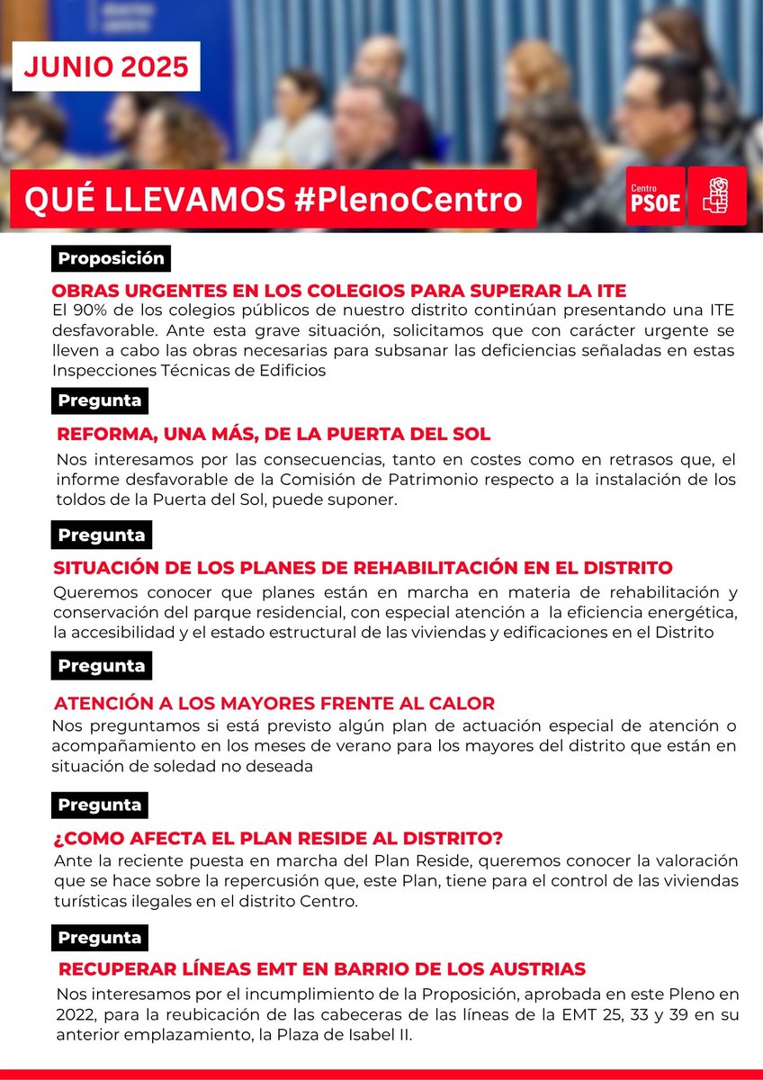 PSOE Madrid Centro (@psoemcentro) on Twitter photo Esta tarde se celebra el Pleno de la <a href="/JMDCentro/">Distrito Centro</a> y estas son las iniciativas del Grupo Municipal Socialista.
Recuerda que puedes asistir en persona (c/ Mayor, 72) o seguir la retransmisión por streaming a través de este enlace: madrid.es/portales/munim… Esta tarde se celebra el Pleno de la <a href="/JMDCentro/">Distrito Centro</a> y estas son las iniciativas del Grupo Municipal Socialista.
Recuerda que puedes asistir en persona (c/ Mayor, 72) o seguir la retransmisión por streaming a través de este enlace: madrid.es/portales/munim…