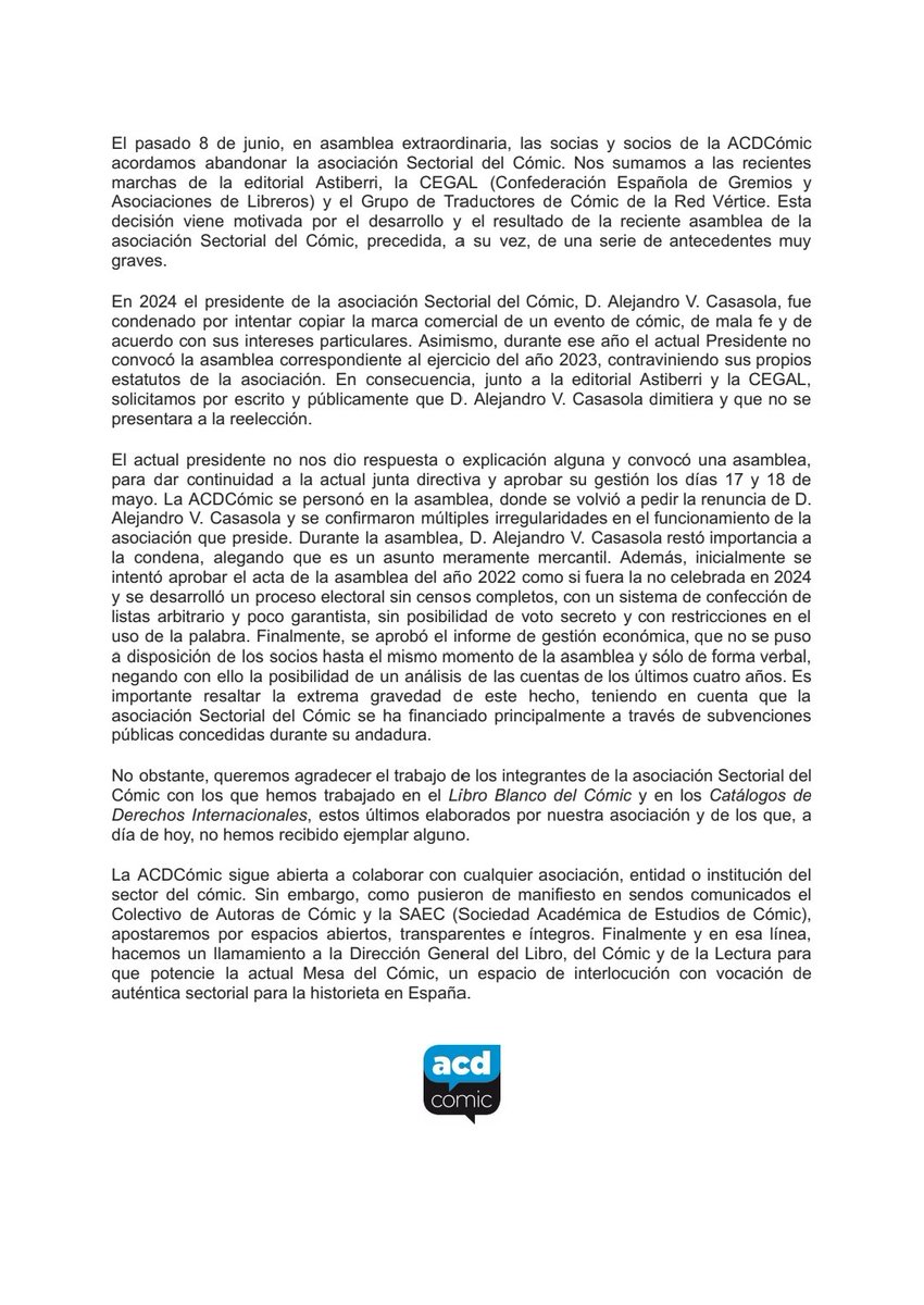 Comunicado sobre nuestra marcha de la asociación Sectorial del Cómic.

Agradecemos difusión.