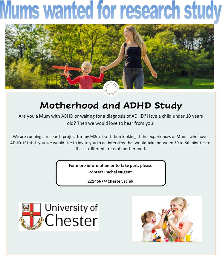 pls complete or retweet.  looking for Mums who have ADHD to take part in a short interview, just talking about life as a Mum. If you or you know anyone who would be interested in taking part, please get in touch.