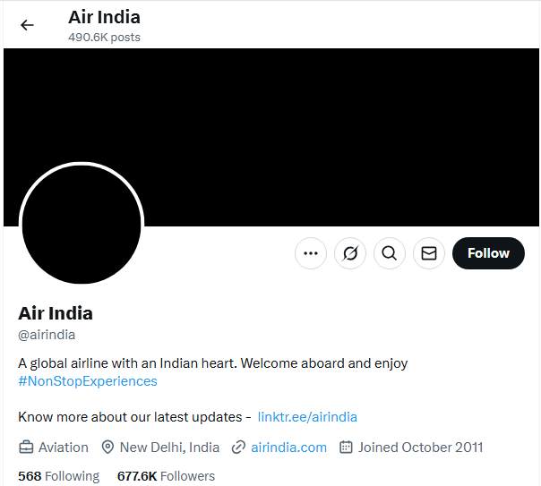 rananavend's tweet photo. After the tragic crash of Air India flight AI171 near Ahmedabad, the official Air India Twitter handle has changed its profile and cover photo to black — a silent tribute to the lives lost.

#AirIndia #Ahmedabad #PlaneCrash #OmShanti 🙏 https://t.co/f1tc83sKMm