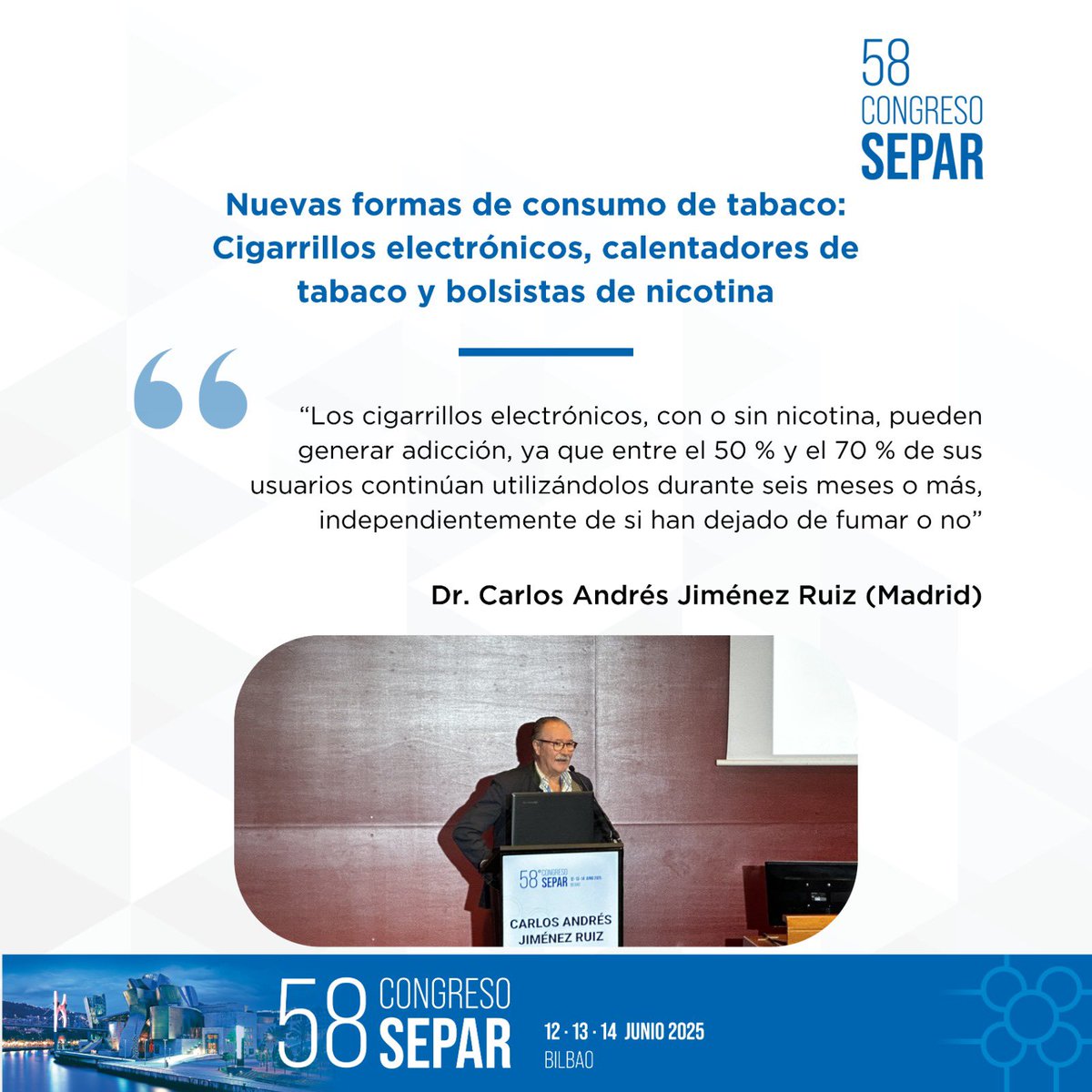 🗣️  El Dr. Carlos Andrés Jiménez Ruiz ha defendido el análisis crítico de los estudios que analizan la eficacia de los cigarrillos electrónicos para ayudar a dejar de fumar.

#SEPARBilbao2025 #ÁreaTabaquismo