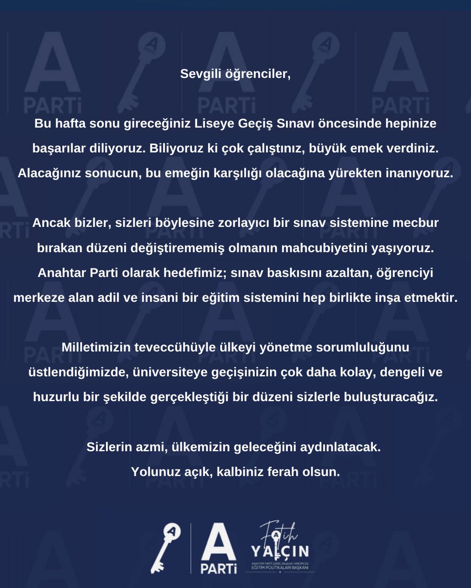 Apartiegitim's tweet image. Sevgili öğrenciler,
Bu hafta sonu gireceğiniz Liseye Geçiş Sınavı öncesinde hepinize başarılar diliyoruz.