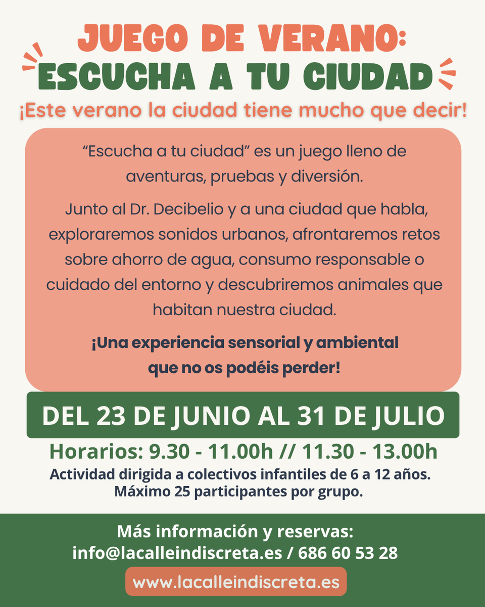 La Calle Indiscreta (@calleindiscreta) on Twitter photo 👂 ¡Solo necesitas tus oídos atentos y muchas ganas de pasarlo bien!
Dirigido a grupos de colonias urbanas y colectivos infantiles entre 6 y 12 años.
📅 Del 23 de junio al 31 de julio en La Calle Indiscreta. 
📩 ¡Reserva ya tu plaza! 686 60 53 28 / info@lacalleindiscreta.es 👂 ¡Solo necesitas tus oídos atentos y muchas ganas de pasarlo bien!
Dirigido a grupos de colonias urbanas y colectivos infantiles entre 6 y 12 años.
📅 Del 23 de junio al 31 de julio en La Calle Indiscreta. 
📩 ¡Reserva ya tu plaza! 686 60 53 28 / info@lacalleindiscreta.es
