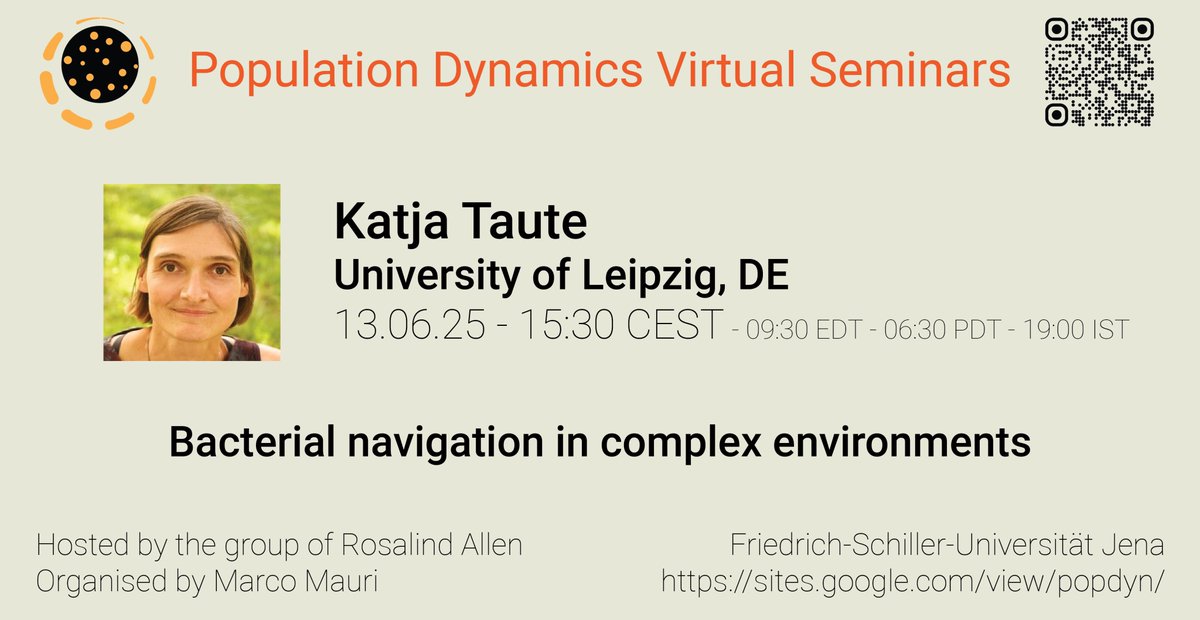 MarcoMauri81's tweet image. 🚨 Tomorrow, Friday 13/06 at 15:30 EU time, Katja Taute (Uni Leipzig) will present the talk
Bacterial navigation in complex environments
at the Population Dynamics Seminars.
Info and subscription sites.google.com/view/popdyn/