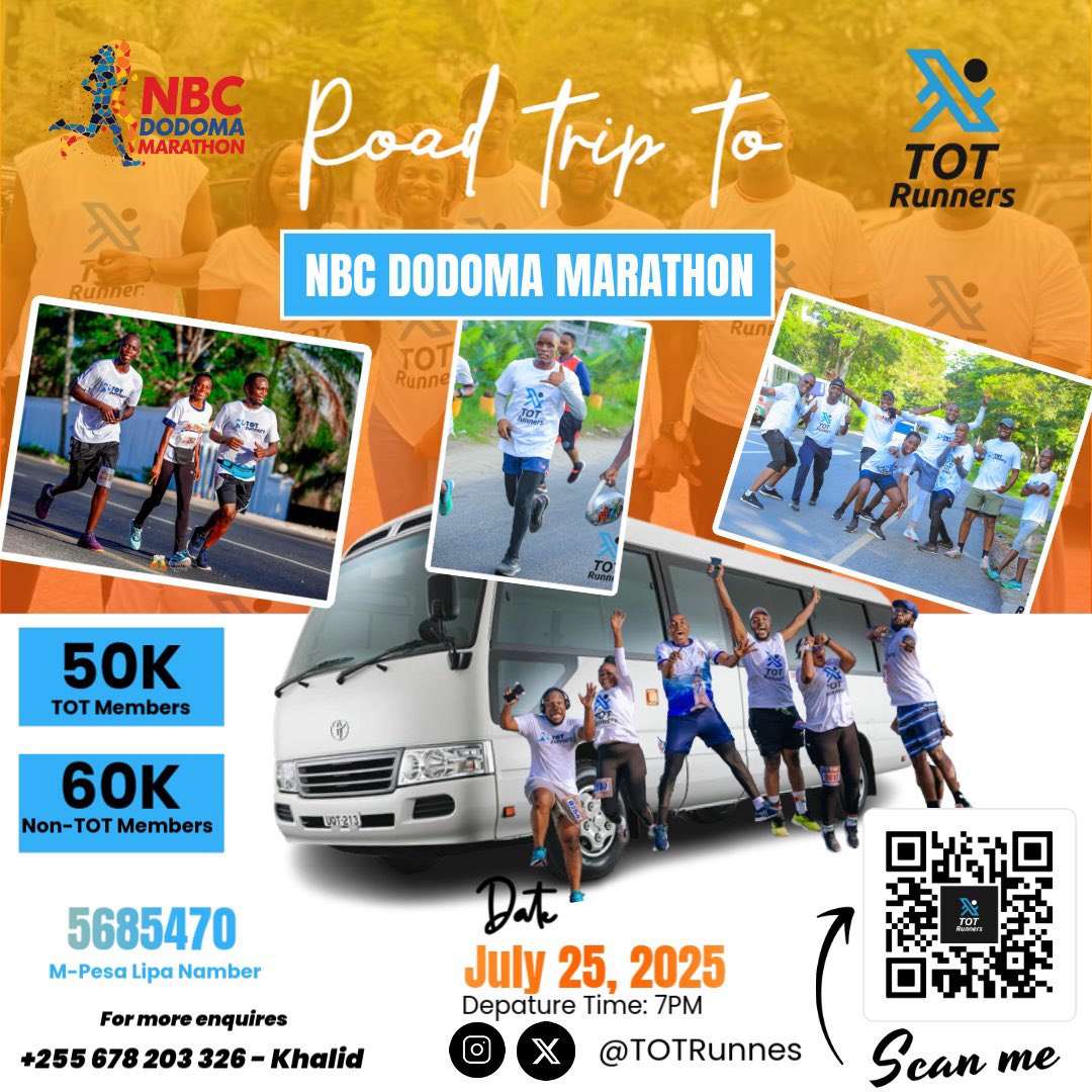 Hii si mbio ya kawaida ni mbio ya moyo, nia na mshikamano. #27Jul #NbcDodomaMarathon🏃‍♀️ 

Wote mnakaribishwa Kusafiri na TOT RUNNERS Ambao sio member mtalipa 60,000/= safari itaanzia DSM hadi Dodoma kwenda na kurudi vinywaji misosi vya aina zote  vipo

Twende Tukakate Wese Tuokoe