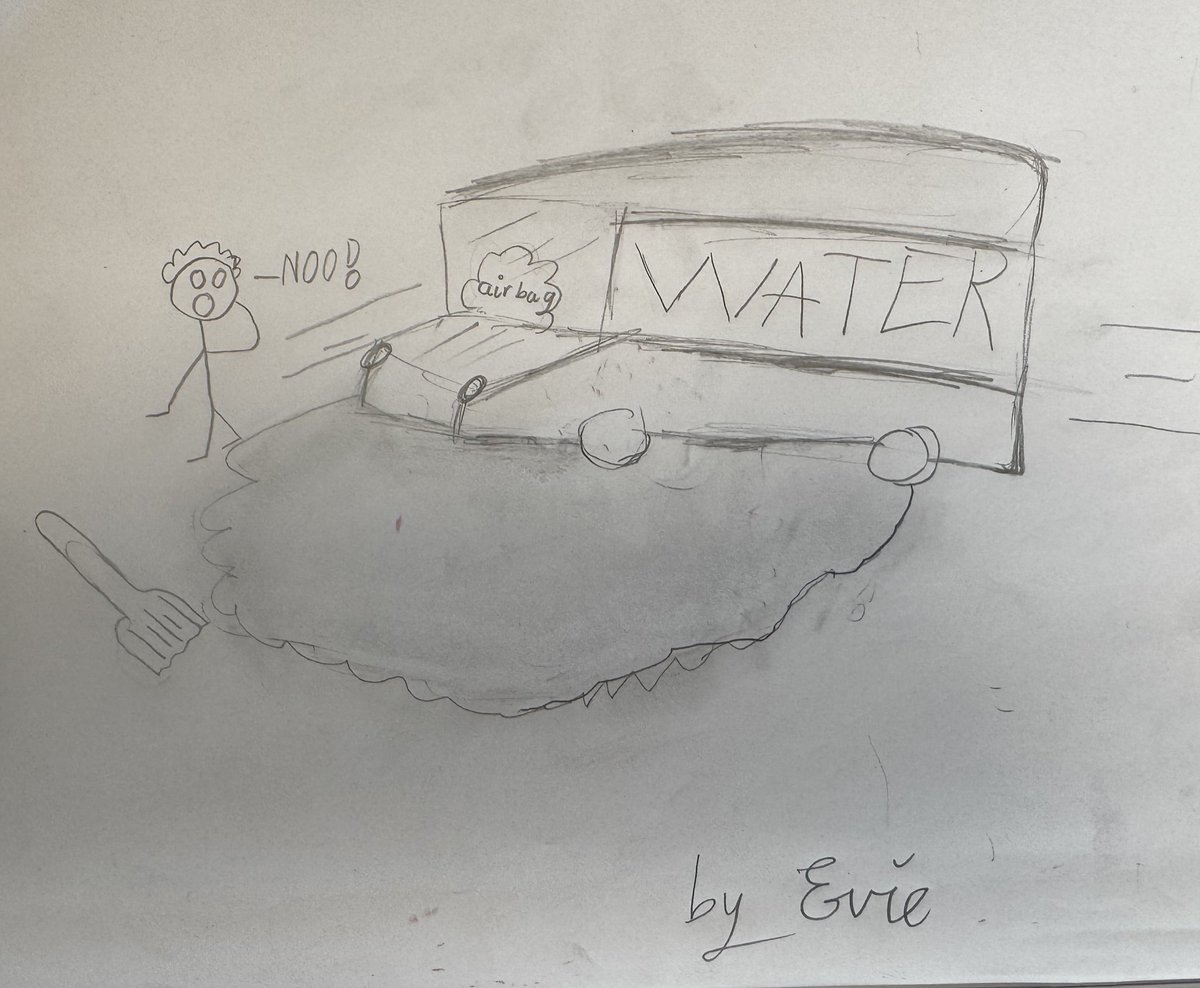room13nerds's tweet photo. Evie sketched Stanley crashing the water truck. 🛻 💦 @ChapterChatNZ https://t.co/Vaz1iIXwIg