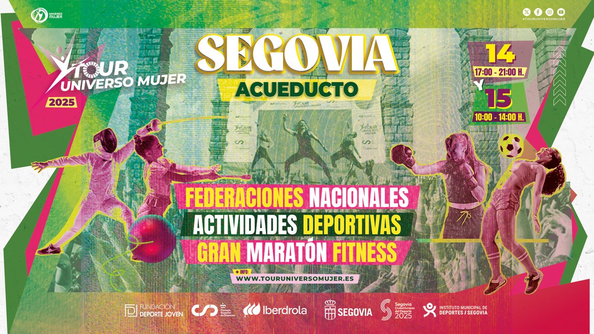 ⏳ ¡Cuenta atrás activada! ⏳

En menos de una hora arranca el #TourUniversoMujer en Segovia 💥

📍 Te esperamos desde las 17:00h en el Acueducto

🎉 Deporte y muchas sorpresas… ¡No faltes!

<a href="/deportegob/">CSD</a> <a href="/segovia_es/">Ayuntamiento de Segovia</a> <a href="/iberdrola/">Iberdrola</a>