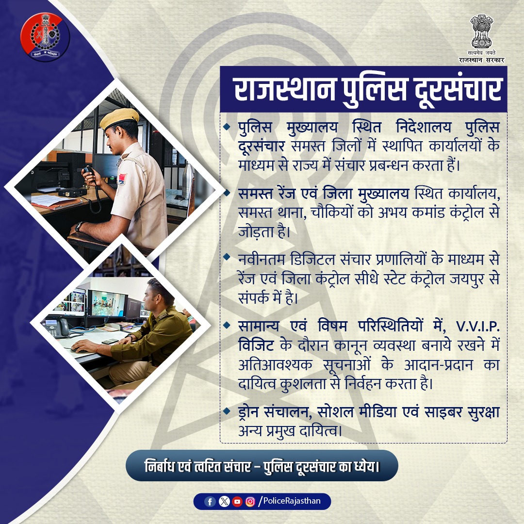 पुलिस दूरसंचार, राजस्थान पुलिस का एक अभिन्न अंग है|

कानून व्यवस्था बनाए रखने में संचार अति महत्वपूर्ण है, जिसे पुलिस दूरसंचार पूर्ण निष्ठा एवं सजगता से 24 * 7 उपलब्ध करवाता है|

तकनीकी अधिकारियों द्वारा नवीनतम संचार प्रणालियों के माध्यम से पुलिस की हर चुनौतियों में अति आवश्यक