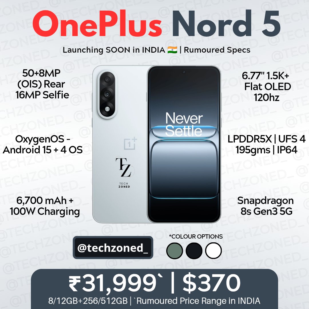 techzoned_'s tweet photo. #OnePlusNord5 Rumoured Specs: Rumoured to be a rebranded #OnePlusAce5Ultra but the processor is swapped! #Snapdragon8SGen3 instead of #Dimensity9400Plus 

Pricing: ₹30-35K Range. https://t.co/rkhgx7Xp9M