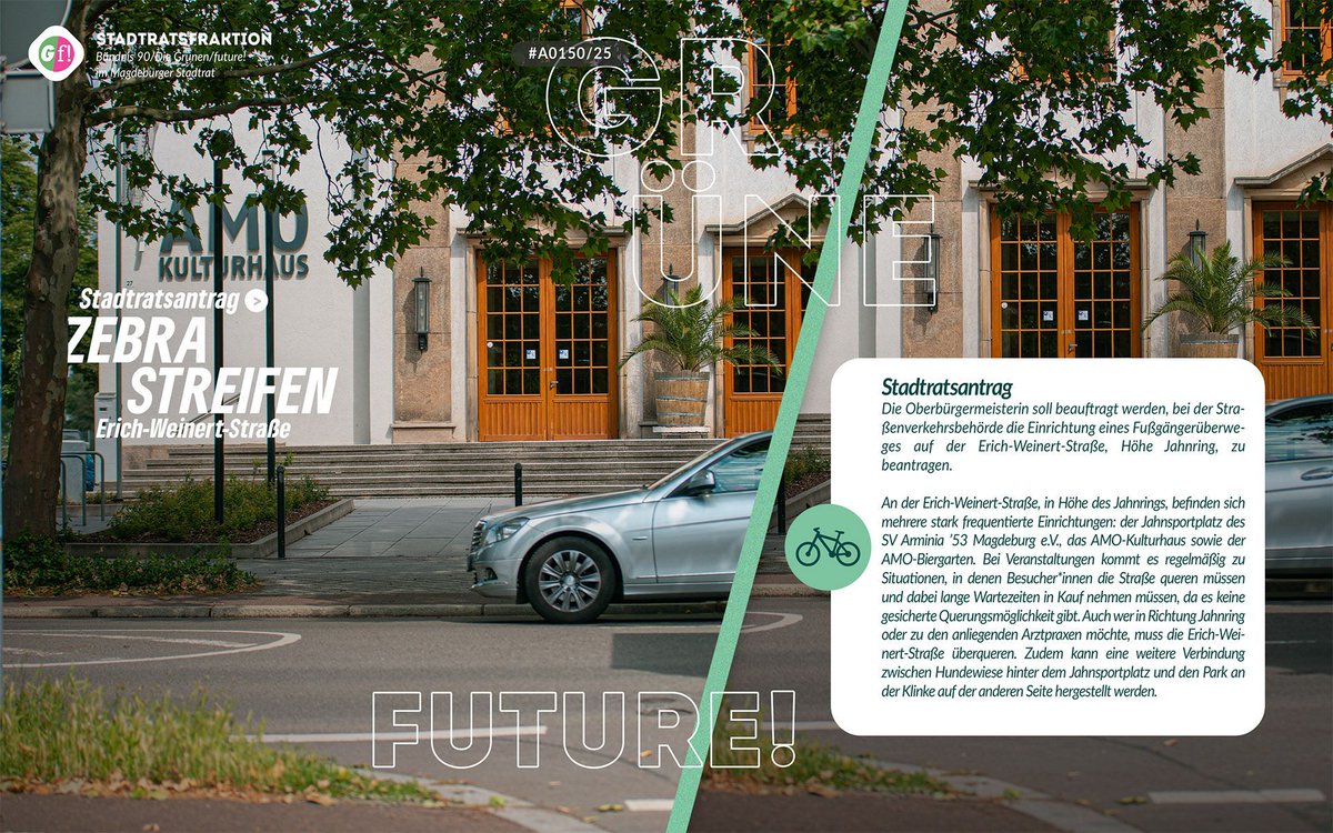 Mit einem Zebrastreifen auf der Erich-Weinert-Straße vor dem AMO wollen wir das Überqueren der Straße einfacher machen. Darum haben wir dafür einen Antrag im Stadtrat gestellt:
Zum Antrag: 
ratsinfo.magdeburg.de/vo0050.asp?__k…