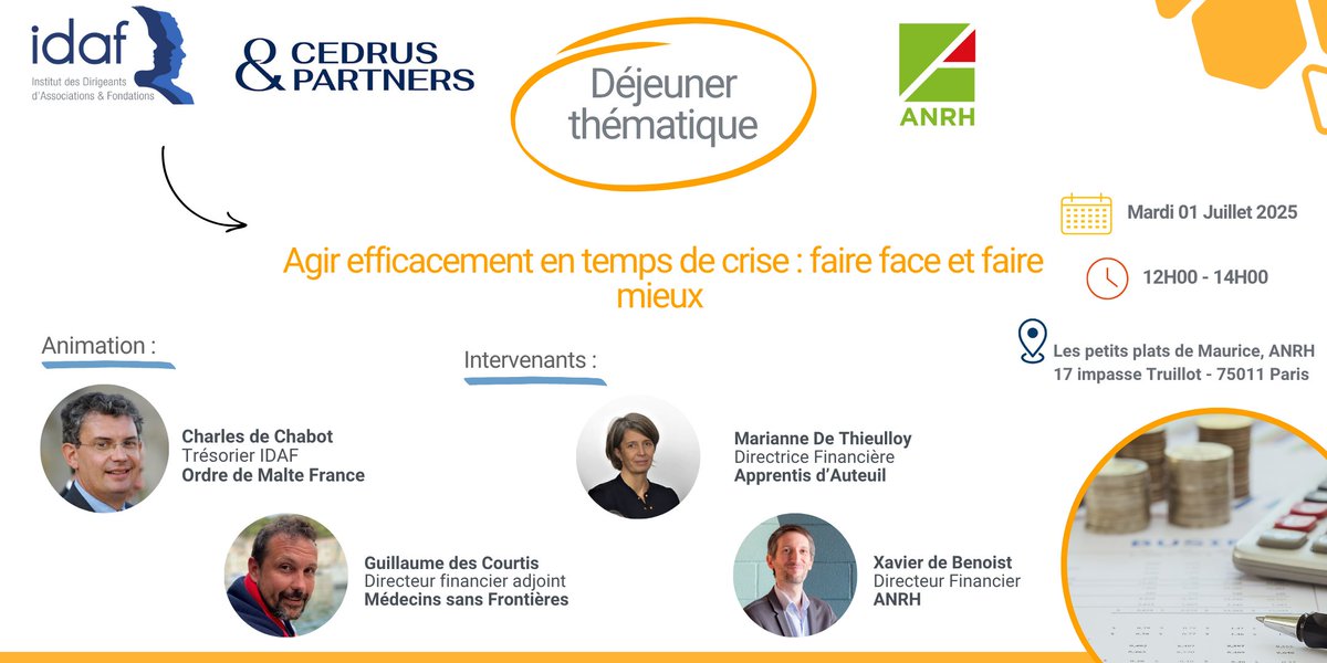 🔔 Déjeuner Thématique - Agir efficacement en temps de crise : faire face au mieux 

📅 Mardi 1er juillet 2025 
🕛 12h00 – 14h00
📍 Les Petits Plats de Maurice – ANRH, 17 impasse Truillot, Paris 11e 

👉 En savoir plus : urlr.me/yACT23

#idaf #asso #association #ESS