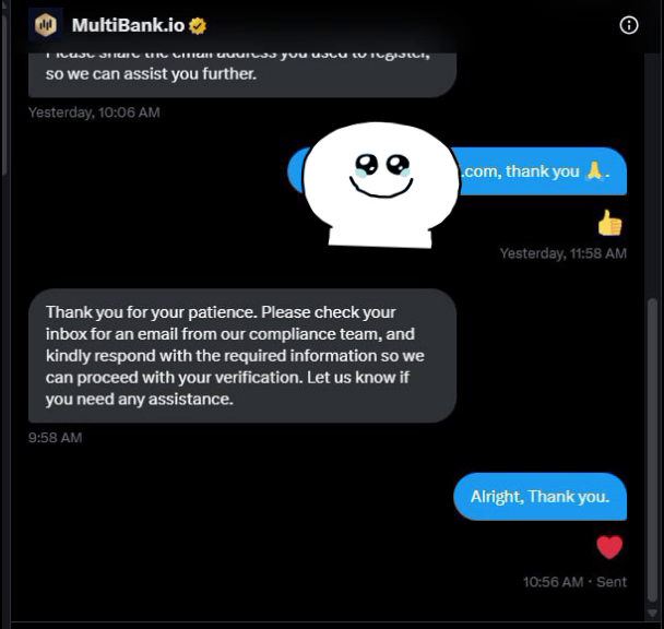 ABams01's tweet photo. Big thanks to @multibank_io for the smooth support!
Quick response and helpful verification process. Loving the patience and care, great experience so far!💙 #multibank_io #crypto #support https://t.co/rgpRf0lgoh