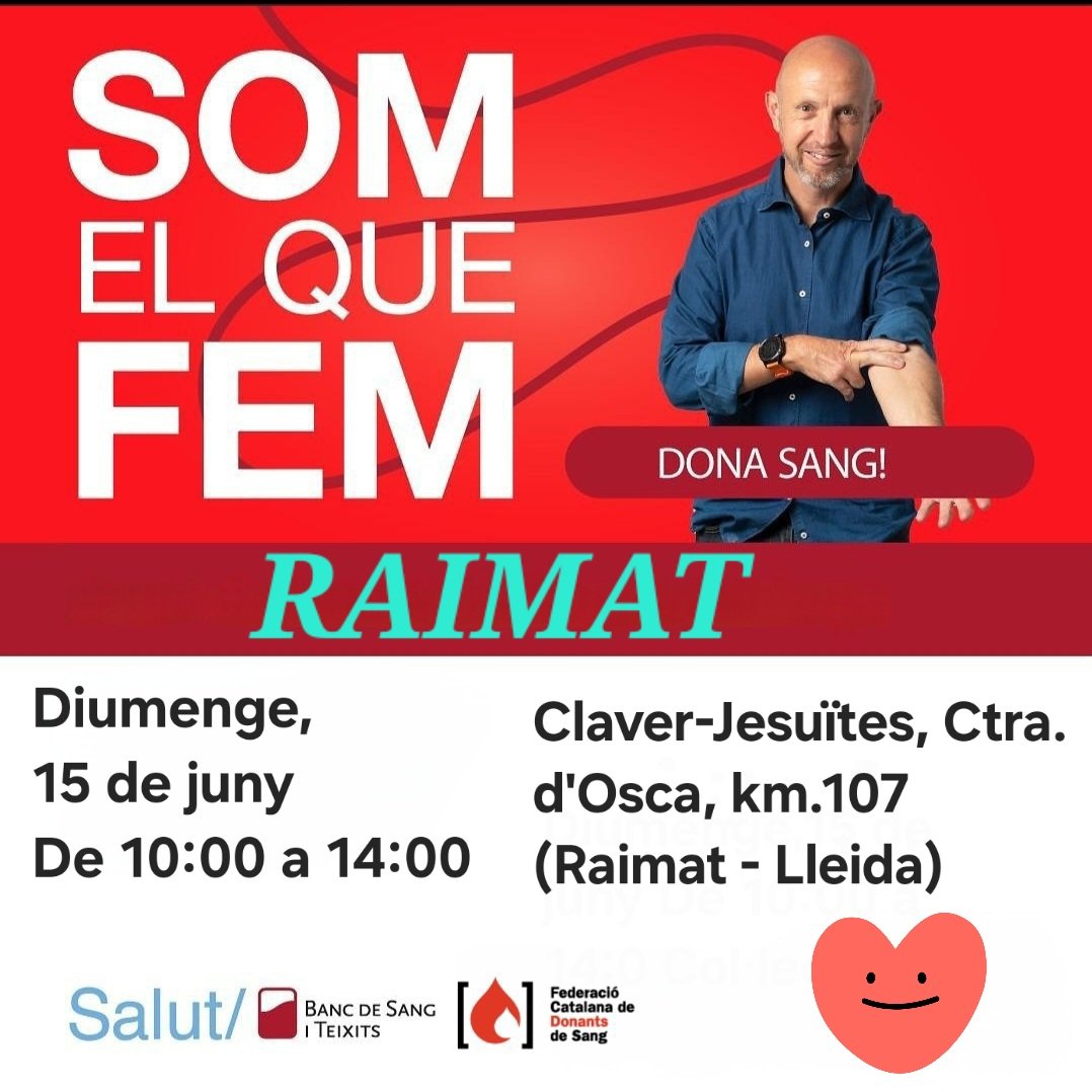 UNBALAGUERI's tweet photo. #Raimat
#donasang
Diumenge,15 de juny
De 10:00 a 14:00
Col·legi Claver-Jesuïtes,Ctra d'Osca,km.107Raimat-Lleida
@donants_urgell @Donants_segarra @hospitalclinic @COMBarcelona @FCDS @COMLLEIDA @morenin69 @semgencat @dsangPLAdURGELL @donants_segria @donarsang @Bancdesang @Salutcat https://t.co/De6SwoDkYi