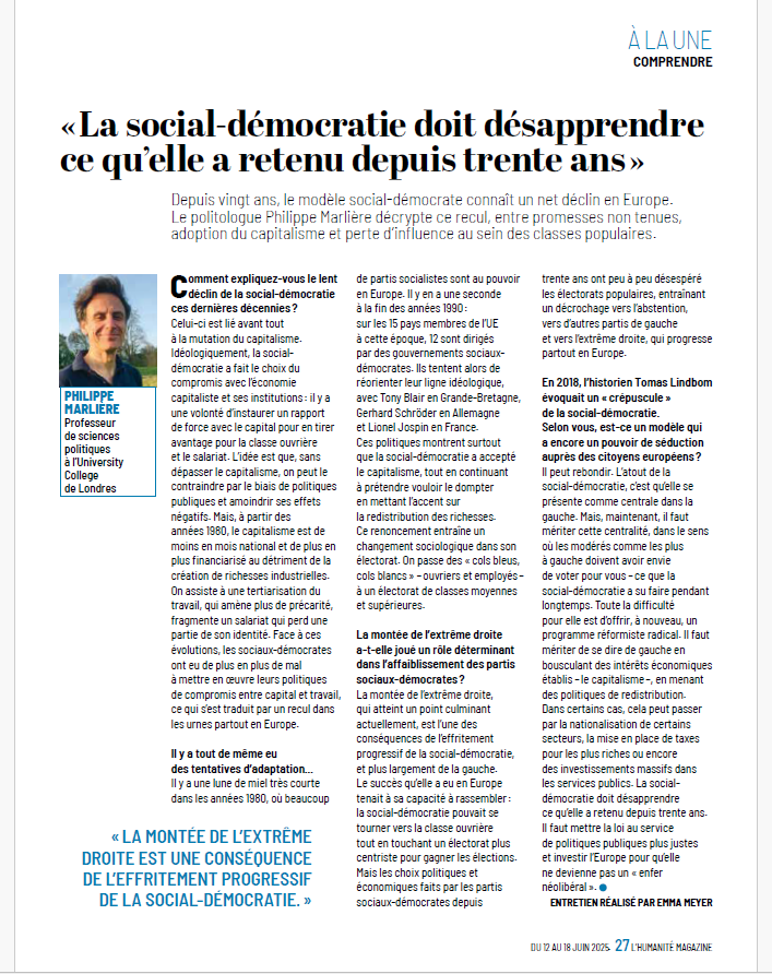 PhMarliere's tweet image. J'ai été interviewé dans L'Humanité sur l'état de la social-démocratie a la veille du congrès du Parti socialiste à Nancy. (Entretien réalisé par Emma Meyer)