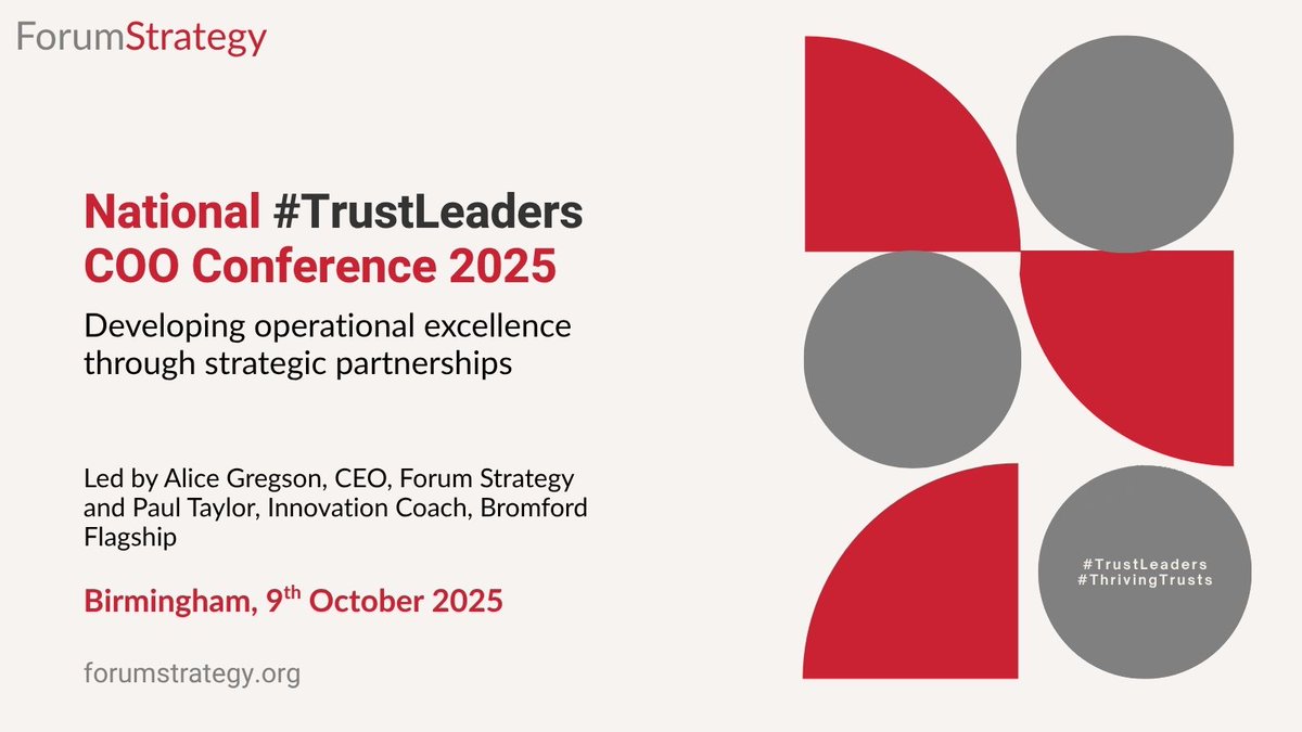 SAVE THE DATE

The 4th annual National #TrustLeaders COO Conference takes place on 9th October in Birmingham.

'Developing operational excellence through strategic partnerships'

The event is inclusive of individual memberships of our national COO network: forumstrategy.org/trustleaders-c…