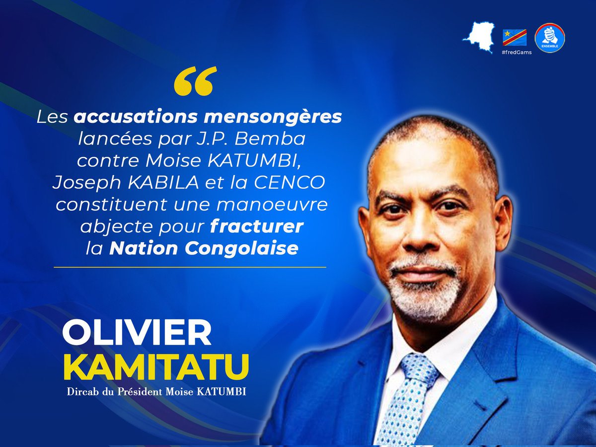 #RDC : Les accusations infondées formulées par <a href="/bembajp/">Jean Pierre Bemba</a> à l'encontre de <a href="/moise_katumbi/">Moise Katumbi</a>, <a href="/drcJosephKabila/">Joseph Kabila K</a> et la <a href="/CENCO__RDC/">CENCO RDC</a> constituent une manœuvre déplorable visant à diviser la nation congolaise, a déclaré <a href="/OlivierKamitatu/">Olivier Kamitatu Etsu</a>, directeur de cabinet du président <a href="/moise_katumbi/">Moise Katumbi</a>.
