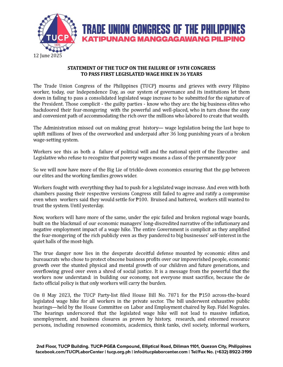 JeromeAningINQ's tweet photo. Trade Union Congress of the PH (@TUCP__) issues statement today (June 12) lamenting the failure of 19th Congress to pass what would have been the country's first legislated wage hike bill in 36 years. https://t.co/nEKDoxqC7P