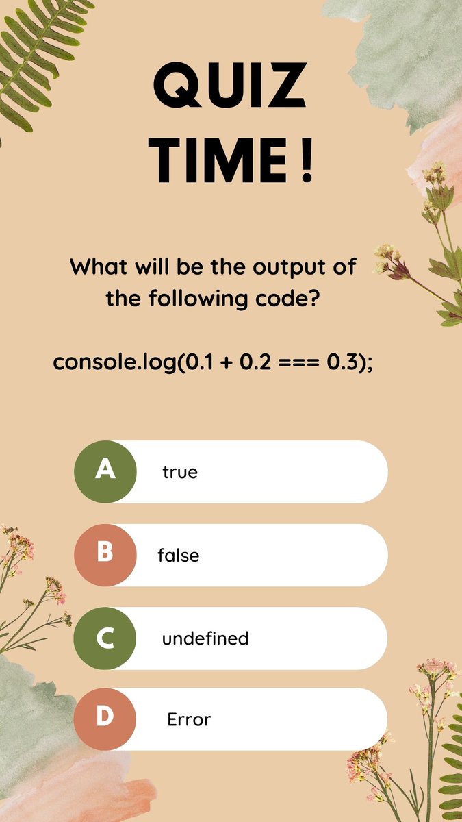 nareshitkphb's tweet image. #QUIZ Question - NareshITKPHb
Can you guess why 0.1 + 0.2 === 0.3 returns false in JavaScript? Test your knowledge of floating-point quirks!
For new batches Register here : bit.ly/4jzAm0J
#JavaScriptQuiz #CodeChallenge #LearnJavaScript #WebDevelopment #JSBasics