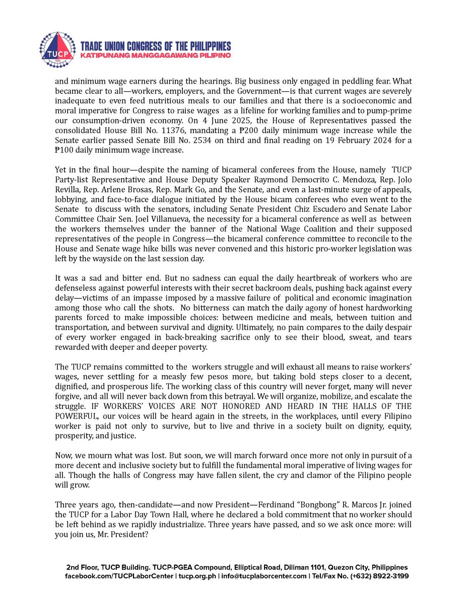 Trade Union Congress of the PH (@TUCP__) issues statement today (June 12) lamenting the failure of 19th Congress to pass what would have been the country's first legislated wage hike bill in 36 years.