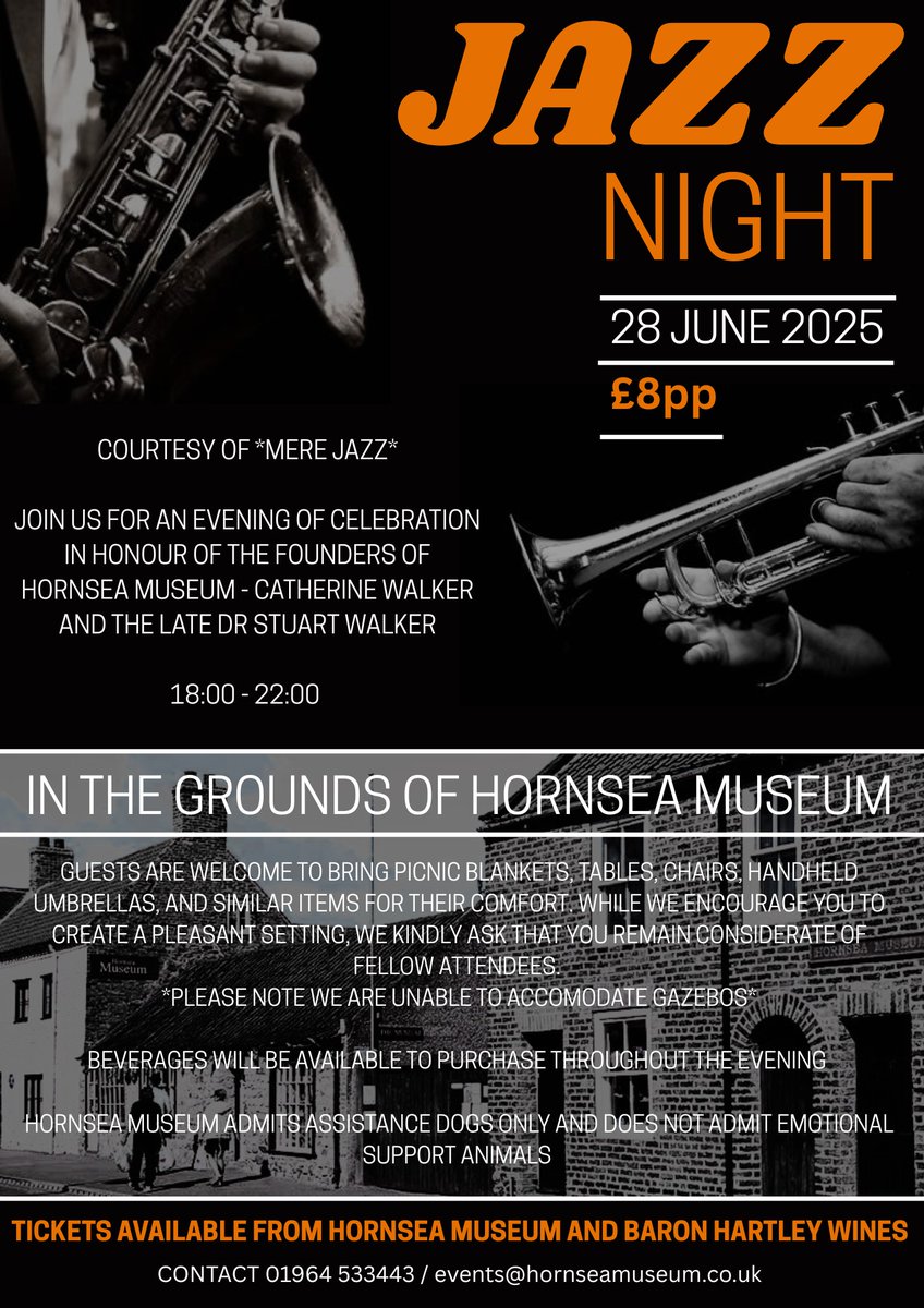 It's not long until our popular Jazz Night in the Museum garden returns with Chris Stubbs and Mere Jazz.  Enjoy our garden, while listening to Mere Jazz.
Don't forget to bring along your picnic, drink and something to sit on.
Get your tickets now, It's sure to be a good night.