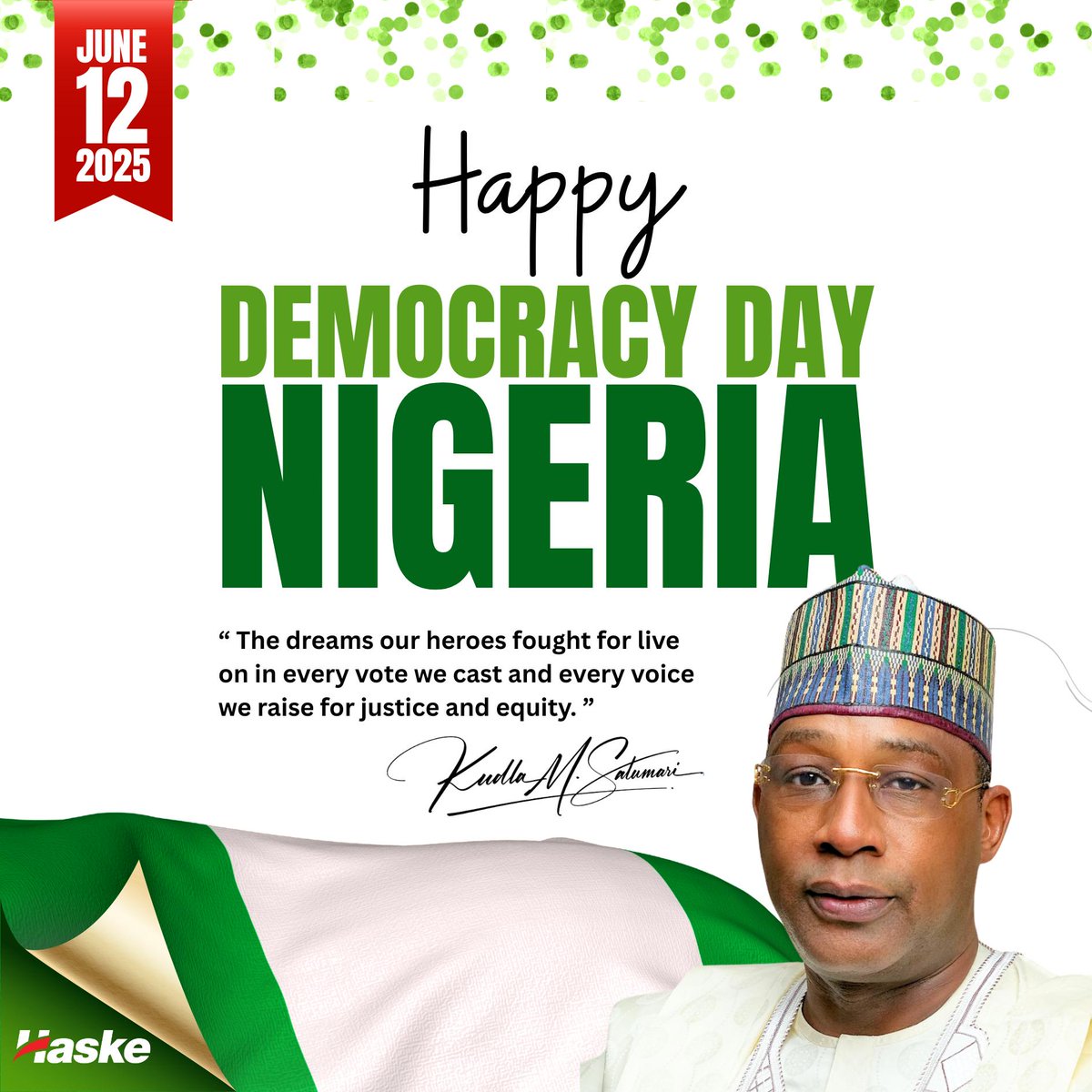 HaskeKudla's tweet photo. 1/3. Today, on Democracy Day, we celebrate our journey and the promise ahead. Democracy means every Nigerian’s voice is heard, every child can learn, and every family holds hope. https://t.co/Nll9UxyQTC