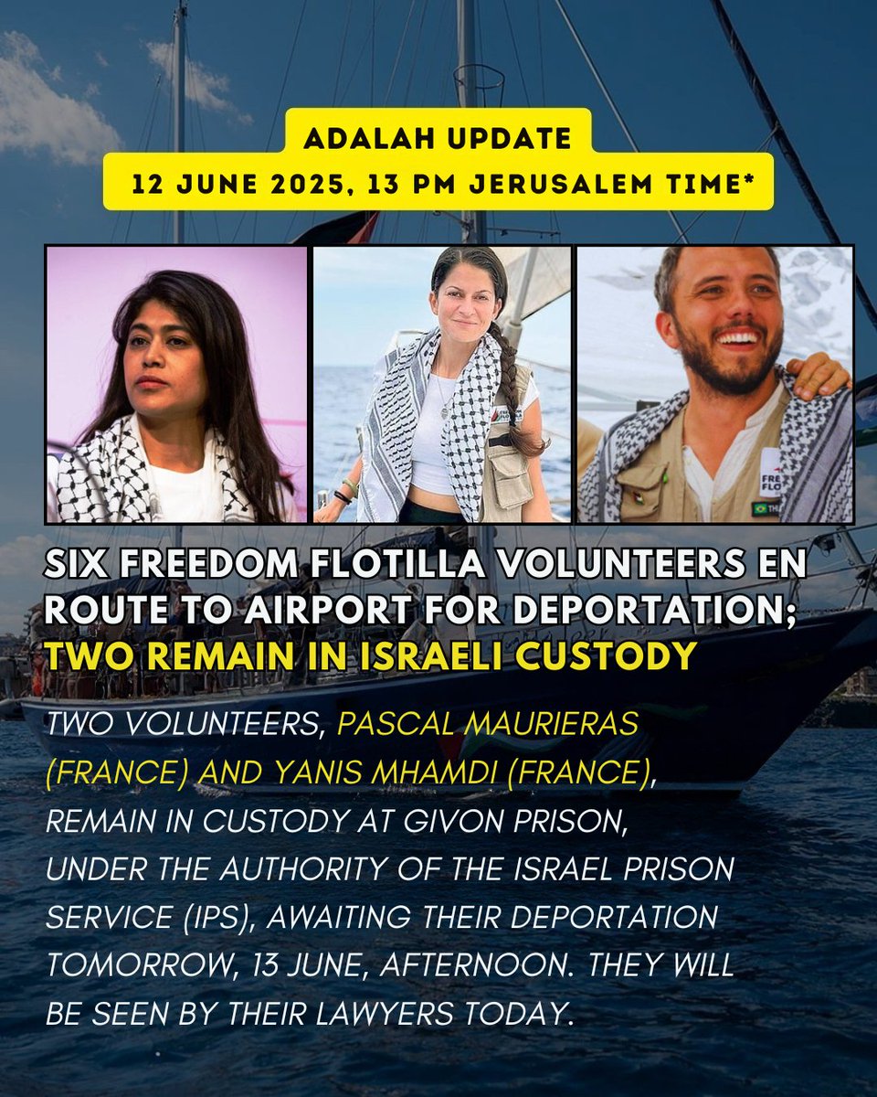 🚨BREAKING | Six more activists from the Freedom Flotilla are being released after being abducted by the Israeli occupation following its illegal interception of the Madleen boat in international waters. Mark van Rennes (Netherlands), Suayb Ordu (Turkey), Yasemin Acar (Germany),