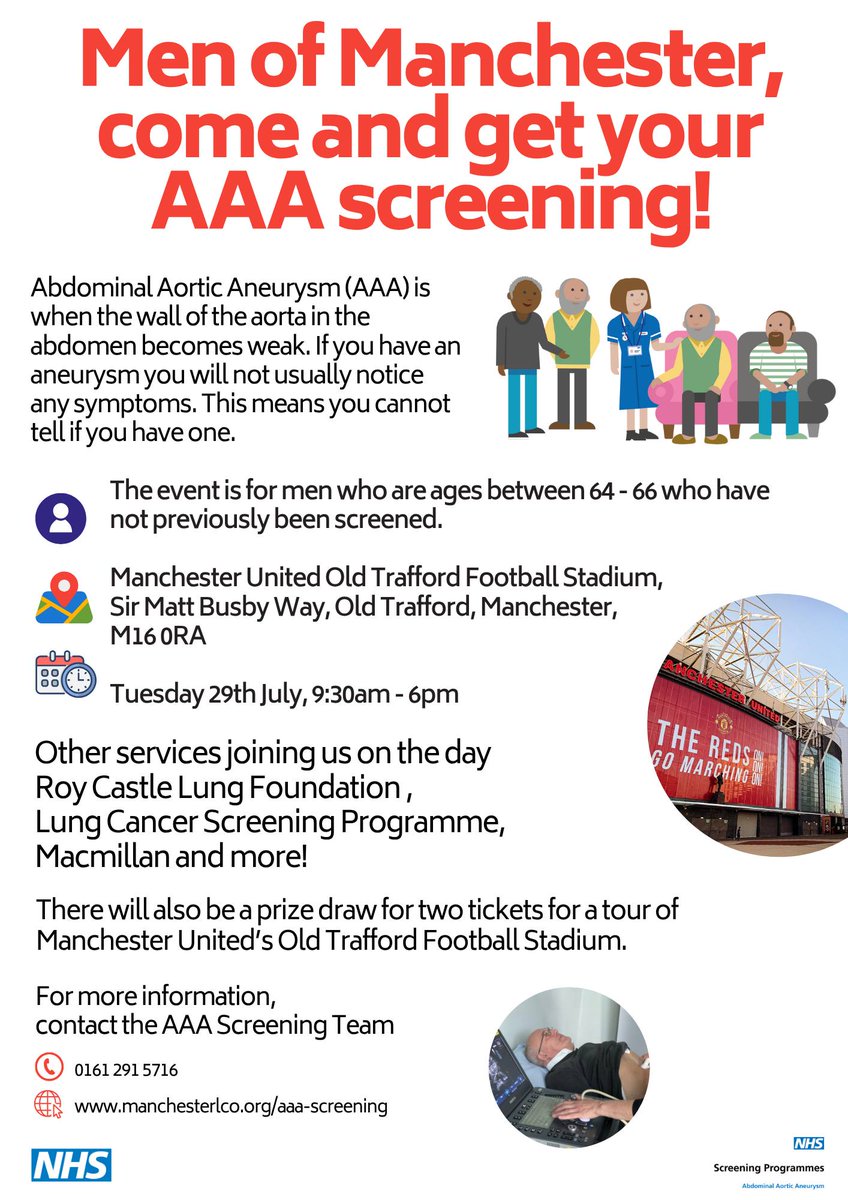 Event in #Manchester. Tuesday 29th July, 9:30am – 18:00pm, Manchester United Old Trafford Football  Stadium, Sir Matt Busby Way, Old Trafford, Manchester, M160RA, Eligibility: Male residents of Manchester and the surrounding areas aged 64-66 who haven’t been screened.