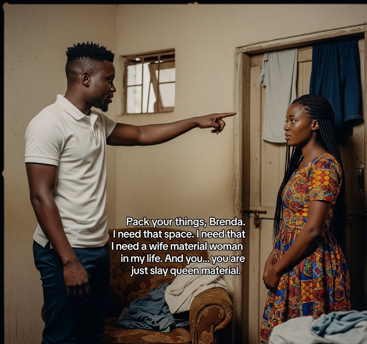 Operemo_'s tweet photo. He pointed towards the flimsy door. "Pack your things, Brenda. I need that space. I need a wife material woman in my life. And you... you are just slay queen material." https://t.co/rnakRkHrcb