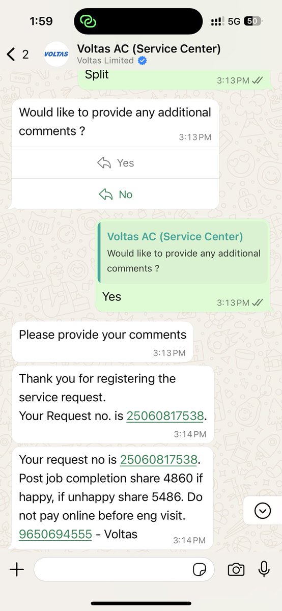 drawadhsharma's tweet image. @VoltasLtd @TataCompanies @consumerforumIN
I bought a new Voltas AC in March 2025. Since day one, water leaks from the indoor unit &amp;amp; cooling is poor.Complaint raised on Sunday, but no technician till Thursday. Very poor after-sales service!
#Voltas #PoorService #ACIssue