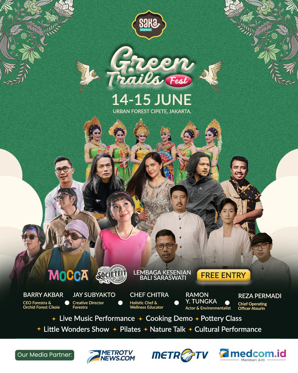 🌿✨ Green Trails Fest is coming!
This 14–15 June 2025 at Urban Forest Cipete. And it’s FREE ENTRY🙌🏼

A weekend full of music, art, &amp; mindful living — in the heart of nature 🌳

✨ Live Music by MOCCA (<a href="/moccaofficial/">MOCCA</a>) &amp; Societeit de Harmonie (@societeitdeharmonie)
✨ Cultural