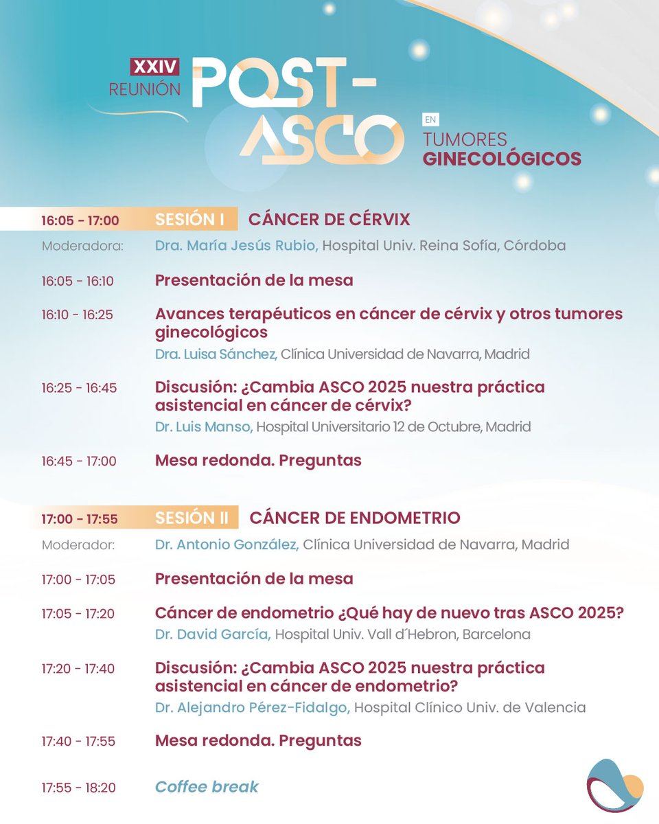 ¿Qué vas a encontrar en las primeras sesiones de la XXIV Reunión Post-ASCO en Tumores Ginecológicos?
Las Sesiones 1 y 2 estarán enfocadas en cáncer de cérvix y cáncer de endometrio, y en ellas abordaremos cómo ASCO 2025 y los avances terapéuticos presentados en el congreso pueden